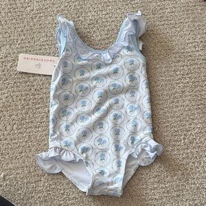 Blue hydrangea, one piece bathing suit with ruffles